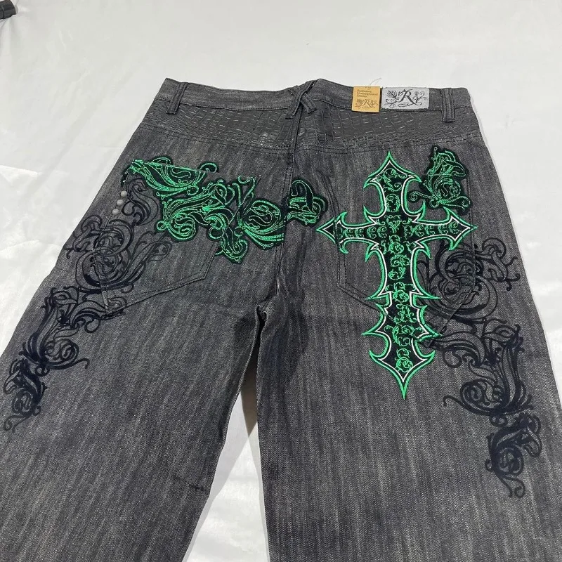 Gothic geometric cross graphic design baggy denim shorts men clothing y2k high street hip-hop popular versatile basketball short
