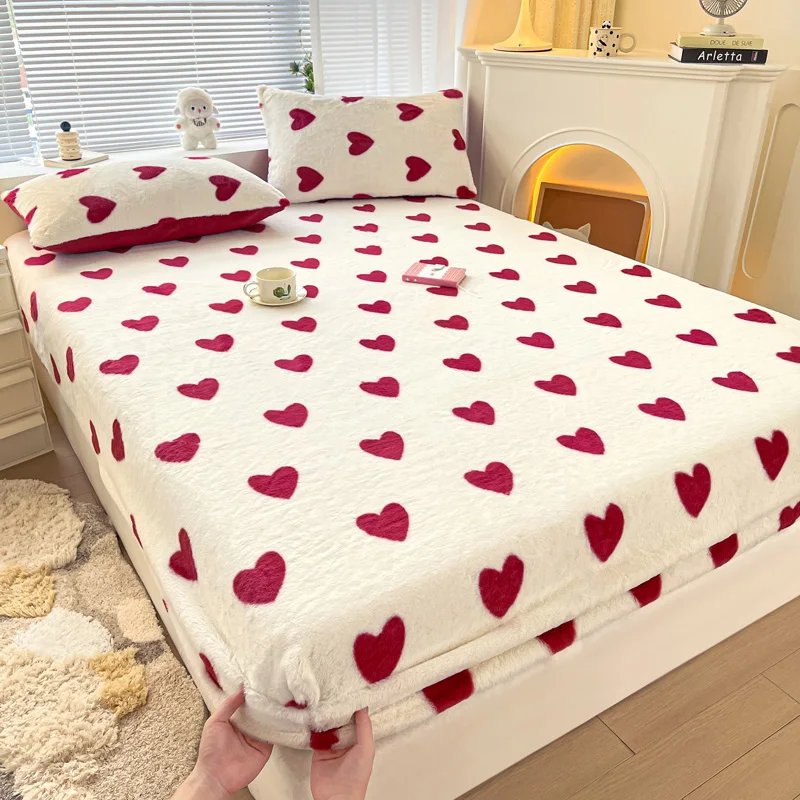 WOSTAR Winter thermal plush fitted sheet elastic mattress cover red heart printed warm coral fleece bed linens queen king size 5