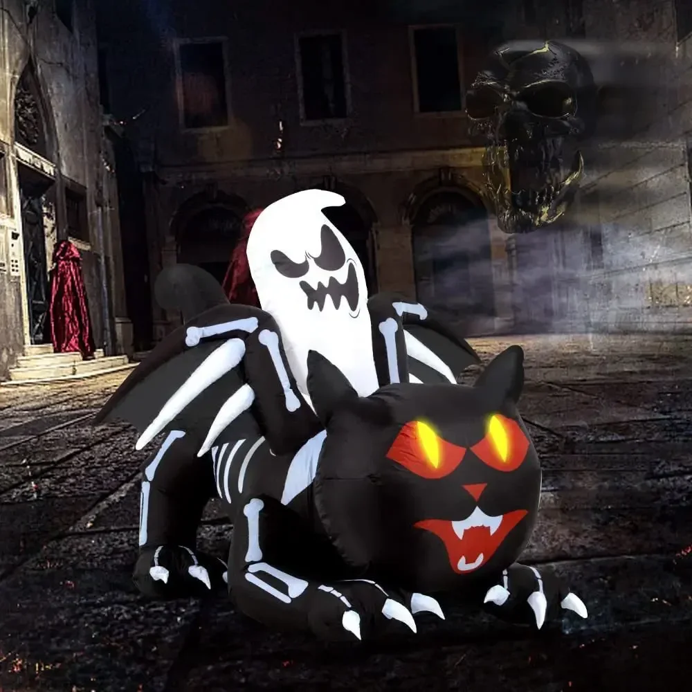 Large Halloween Outdoor Decoration Inflatable Ghost Skeleton Cat with Wings Built-in LED Light for Halloween Holiday Party Decor 3