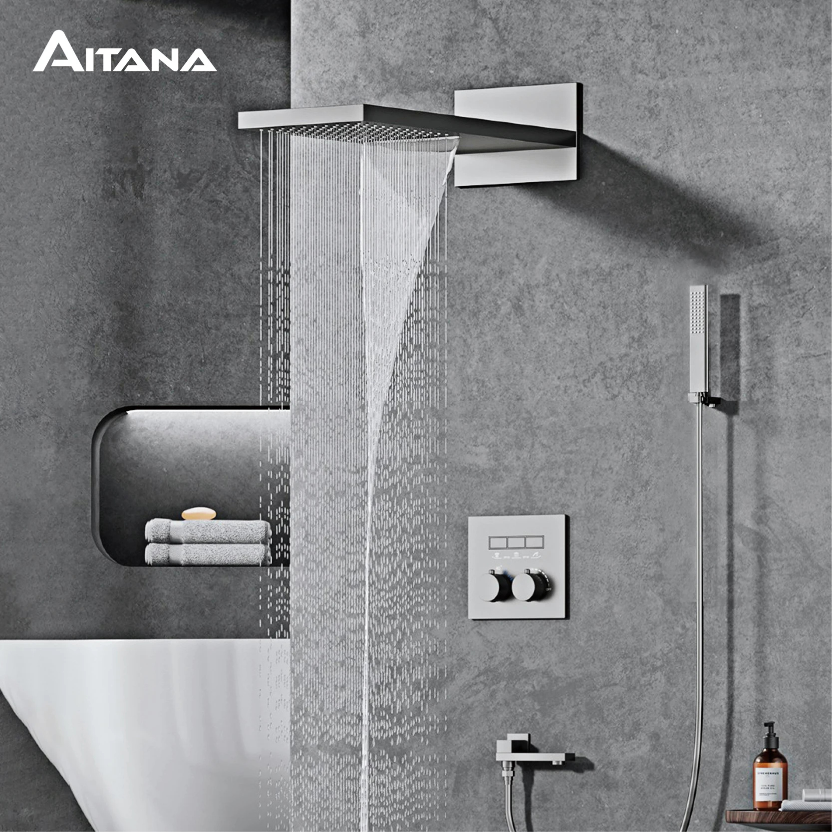 AITANA ระบบฝักบัวเทอร์โมสแตติกทองเหลืองสีเทาปืนหรูหราพร้อมดีไซน์ติดผนังก๊อกน้ําแบบฝังสําหรับห้องน้ําร้อนและน้ําเย็น 1