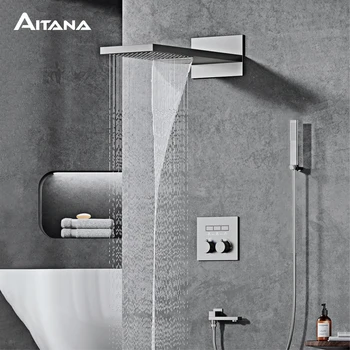 AITANA ระบบฝักบัวเทอร์โมสแตติกทองเหลืองสีเทาปืนหรูหราพร้อมดีไซน์ติดผนังก๊อกน้ําแบบฝังสําหรับห้องน้ําร้อนและน้ําเย็น 1