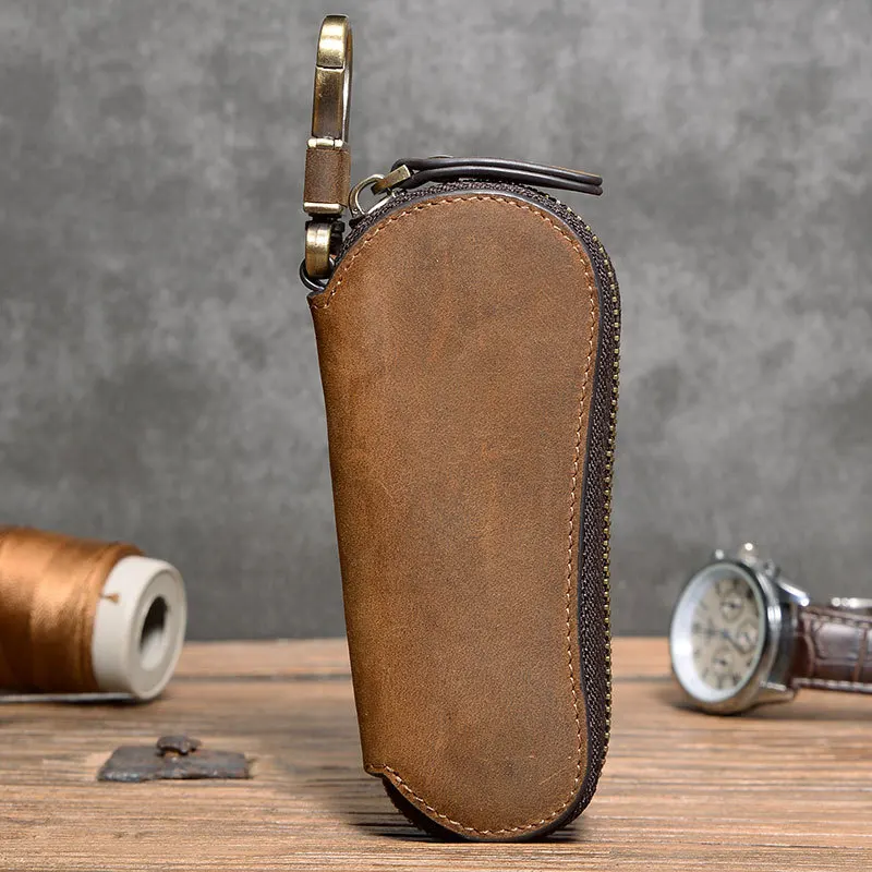 Retro Crazy Horse Leather Car Keycase,Convenient Multi Functional Leather Keycase, Hook Zero Wallet Storage Bag Festival Gifts