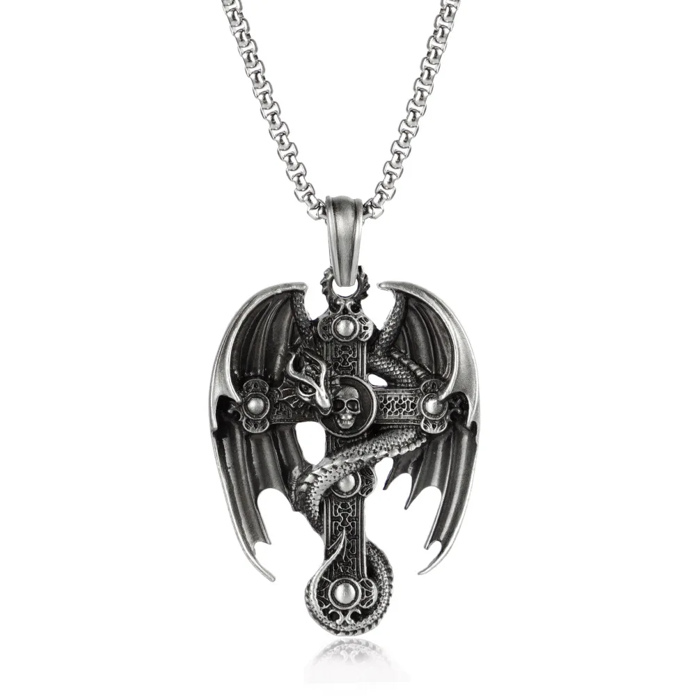 2022 Fashion Trend Titanium Steel Skull Necklaces Personality Street Hip Hop Flying Dragon Pendant Necklace For Men And Women 