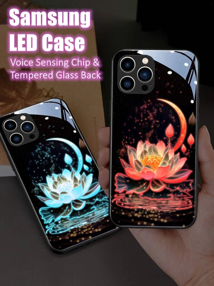 

Lotus Flower LED Light Glowing Luminous Tempered Glass Back Phone Case for Samsung S24 S22 S23 Note 10 20 A14 A73 A54 Plus Ultra