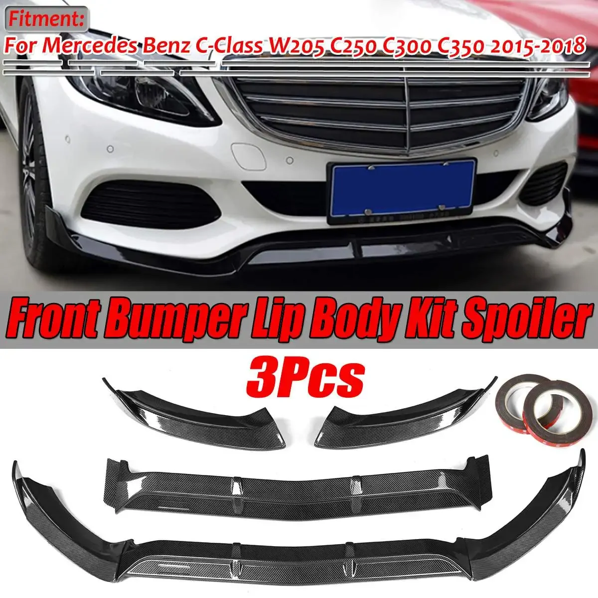 

W205 3PCS Car Front Bumper Splitter Lip Body Kit Spoiler Diffuser For Mercedes For Benz C-Class W205 C250 C300 C350 2015-2018