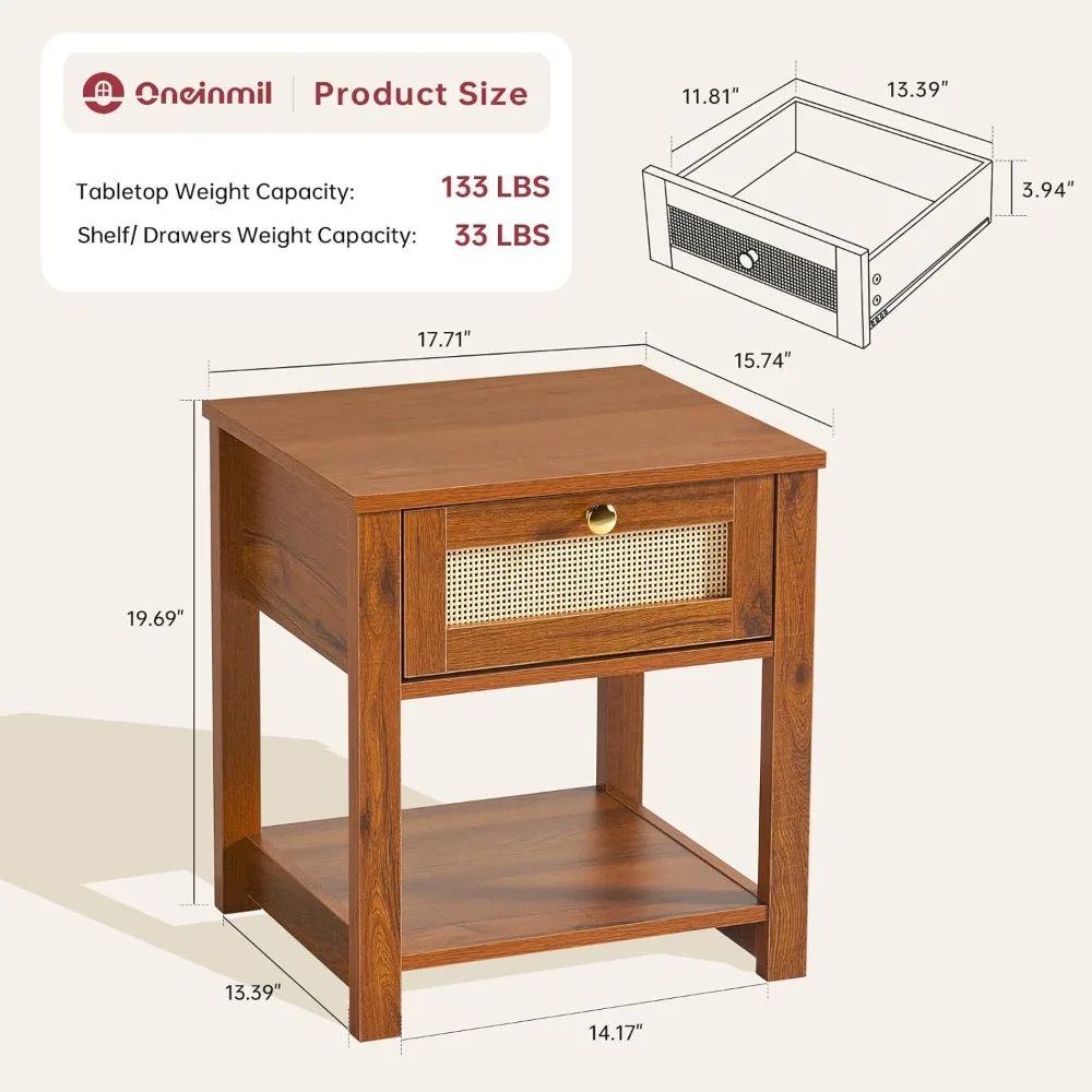 Nightstands Set , End Tables with Rattan Decor Drawers, Bedside Tables in Boho Style, Side Tables with Storage Shelf 2