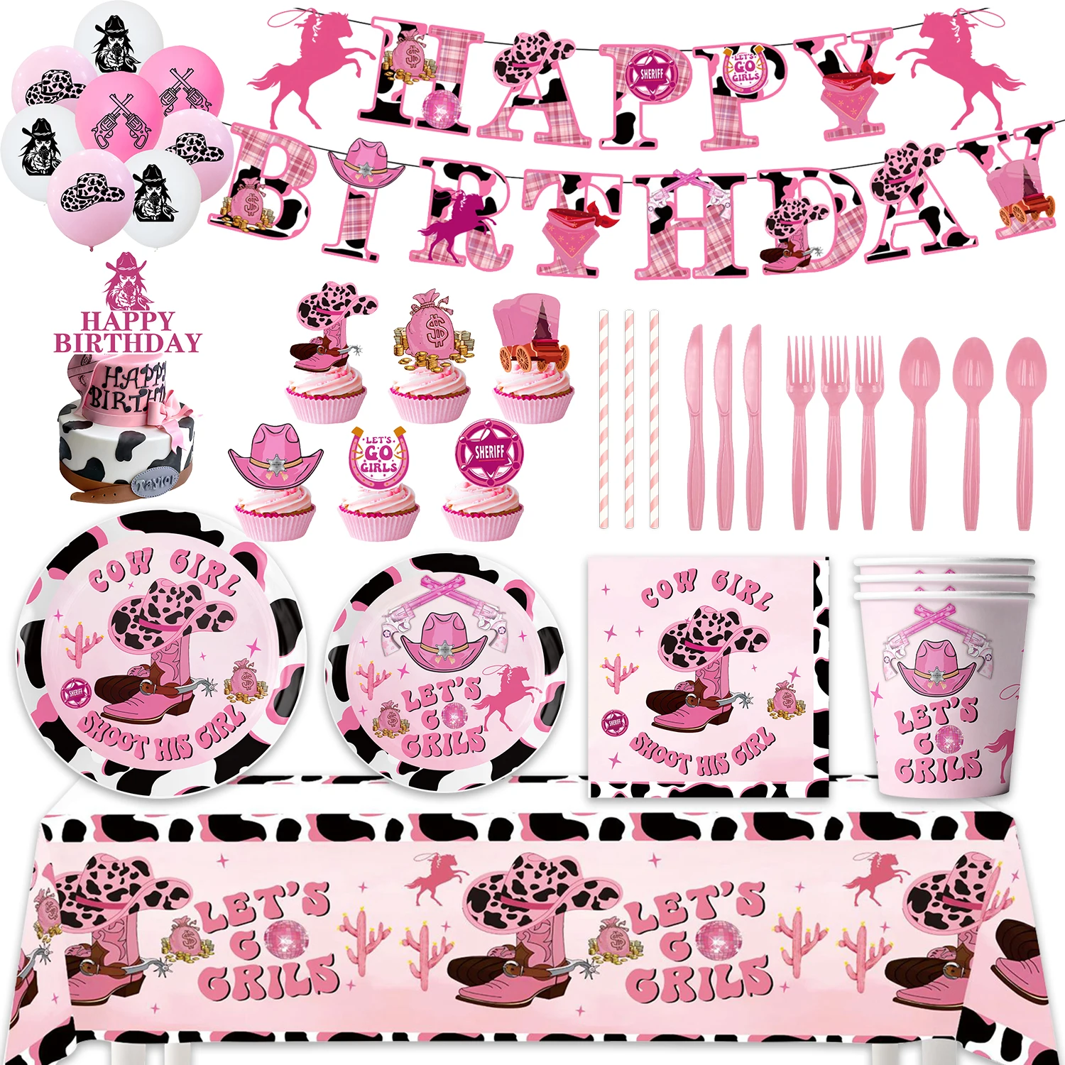 

Pink Western Cowboy Girl Theme Birthday Party Decorative Disposable Tableware Background Paper Bag Balloon Baby Shower Kid Gift
