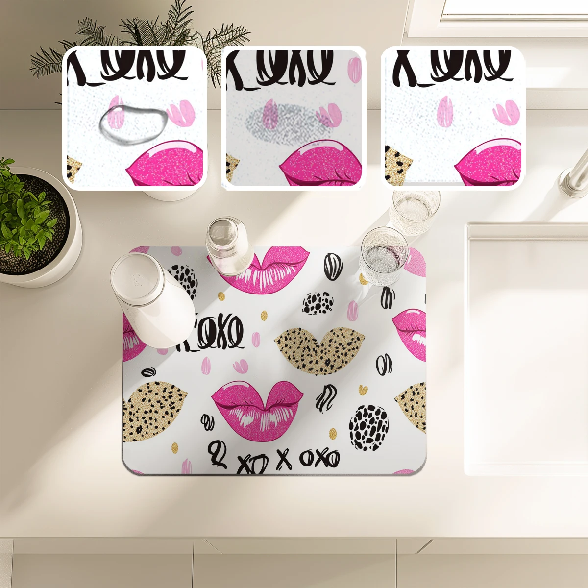 Kitchen Absorbent Drying Mat Barbie Pink, Red Lips, Abstract Kitchen Table Decoration & Accessories Color Pattern Tables Mats
