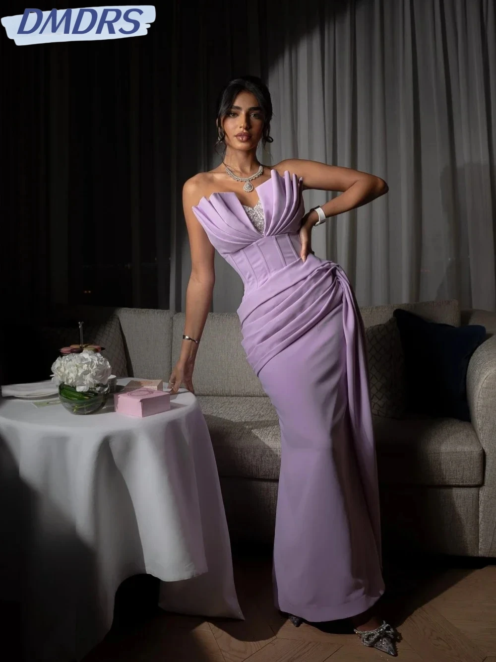 

Sexy Strapless Backless Prom Dress Sparkly Sequins Beads Cocktail Gown Purple Satin Pleat Long Evening Dresses Robe De Mariée