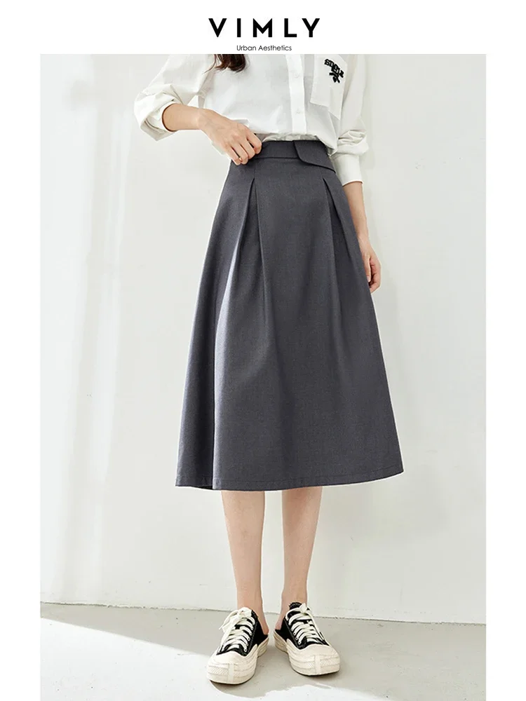 Vimly Autumn Elastic Waist Midi Umbrella Skirts Elegant A-line Pleated Skirts 2023 Fall Solid Office Lady Women's Clothing M2995