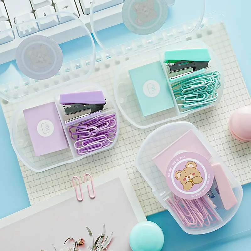 Portable mini stapler small stapler office supplies macaron color paper clip set