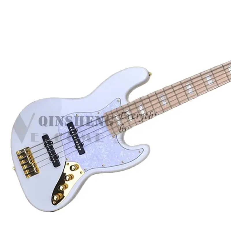 5 Corde Basso Jaz White Bass Basswood Body Maple Fingerboard Gold Tuners Ponte Fisso Black Pearl Pickguard