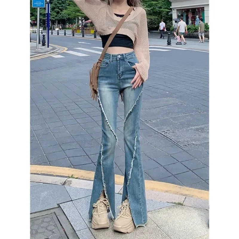 

Retro Female Tassel Micro Flared Trousers Zipper High Waist Clothes Loose Pants Frayed Edging Ripped Hole Streetwear Denim Jeans