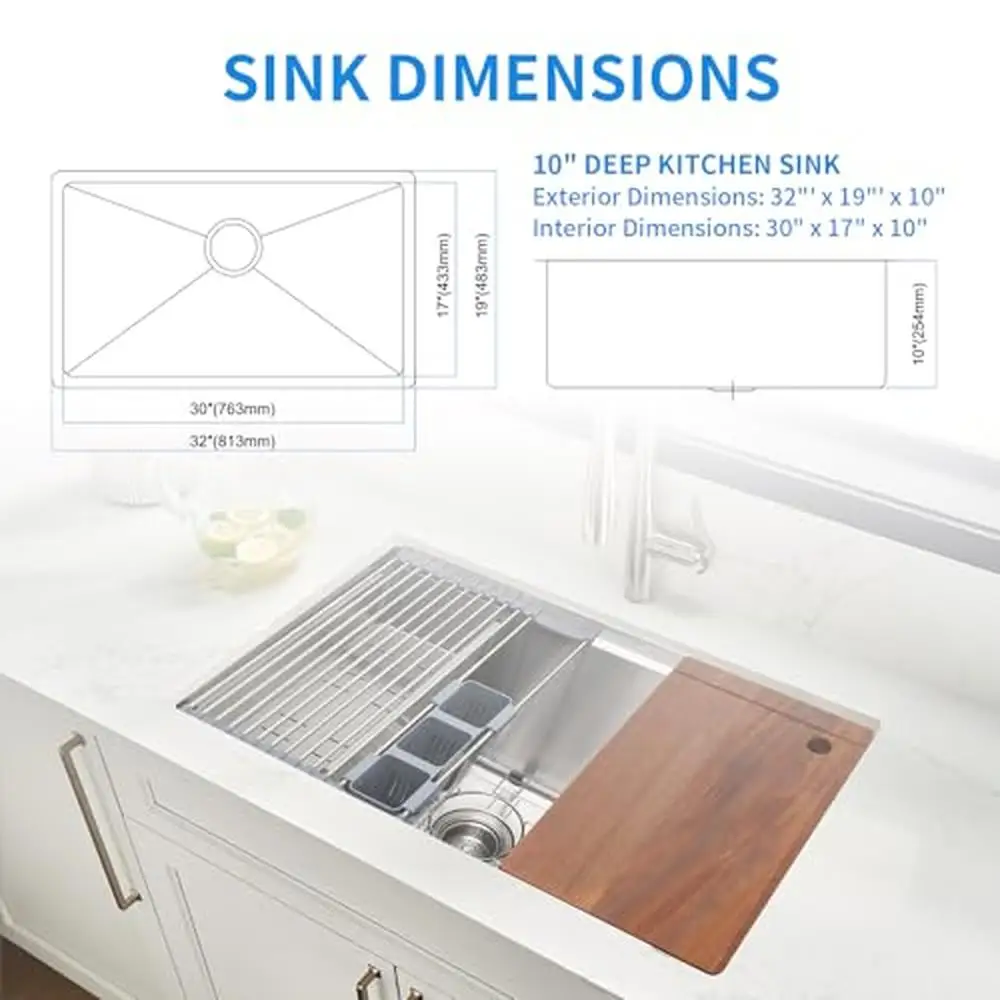 Multifunctional Undermount Kitchen Sink 32"x19" Single Bowl with Workstation Set Stainless Steel Accessories R10 Corners 3mm 6