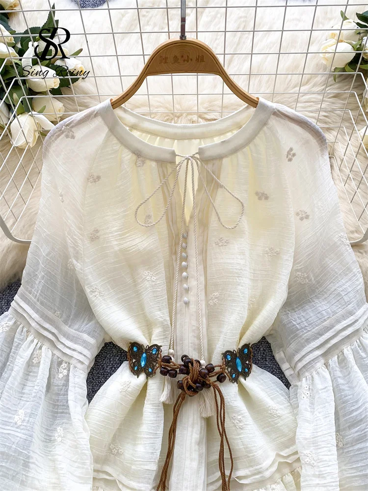 SINGREINY Summer Embroidery MIdi Dress Ladies Lantern Sleeves Ruffles Butterfly Sashes French Folds Vintage Holiday Sundress 3