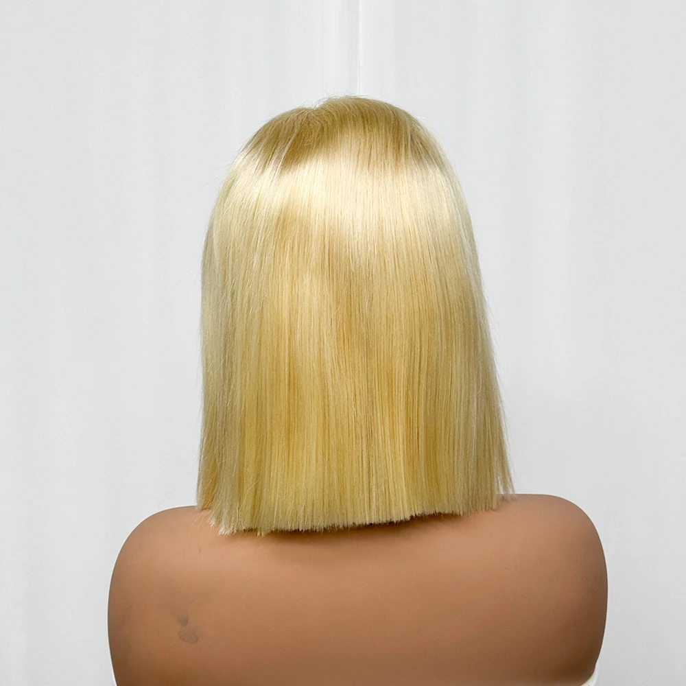 300 Density Blonde 613 Color Double Drawn Blunt Cut Short Bob Bone Straight Human Hair Wig 13x4 Transparent Lace Frontal Wig