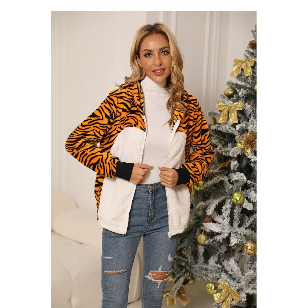 Autumn and winter women's hooded long sleeved loose zippered animal patterned flannel casual coat