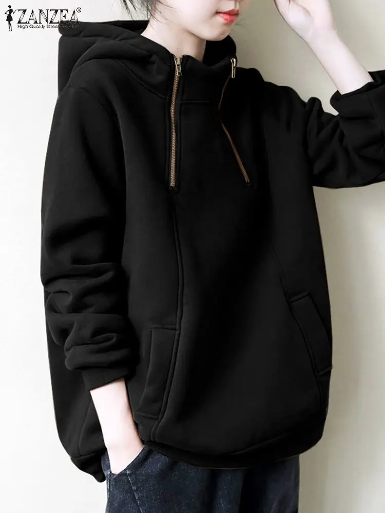 

Женские толстовки с длинным рукавом, модные однотонные толстовки, уличная одежда ZANZEA, осенние женские толстовки, женский свободный однотонный пуловер оверсайз