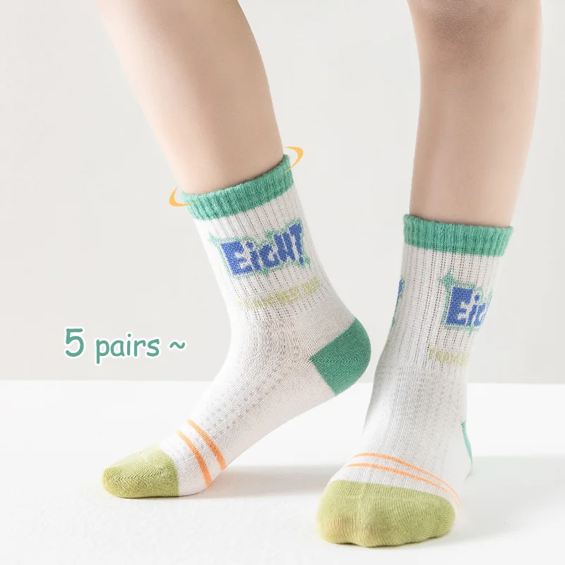 5 pairs of children's socks Girls' mid-tube socks Large children's Boys' socks Summer thin mesh breathable cotton socks