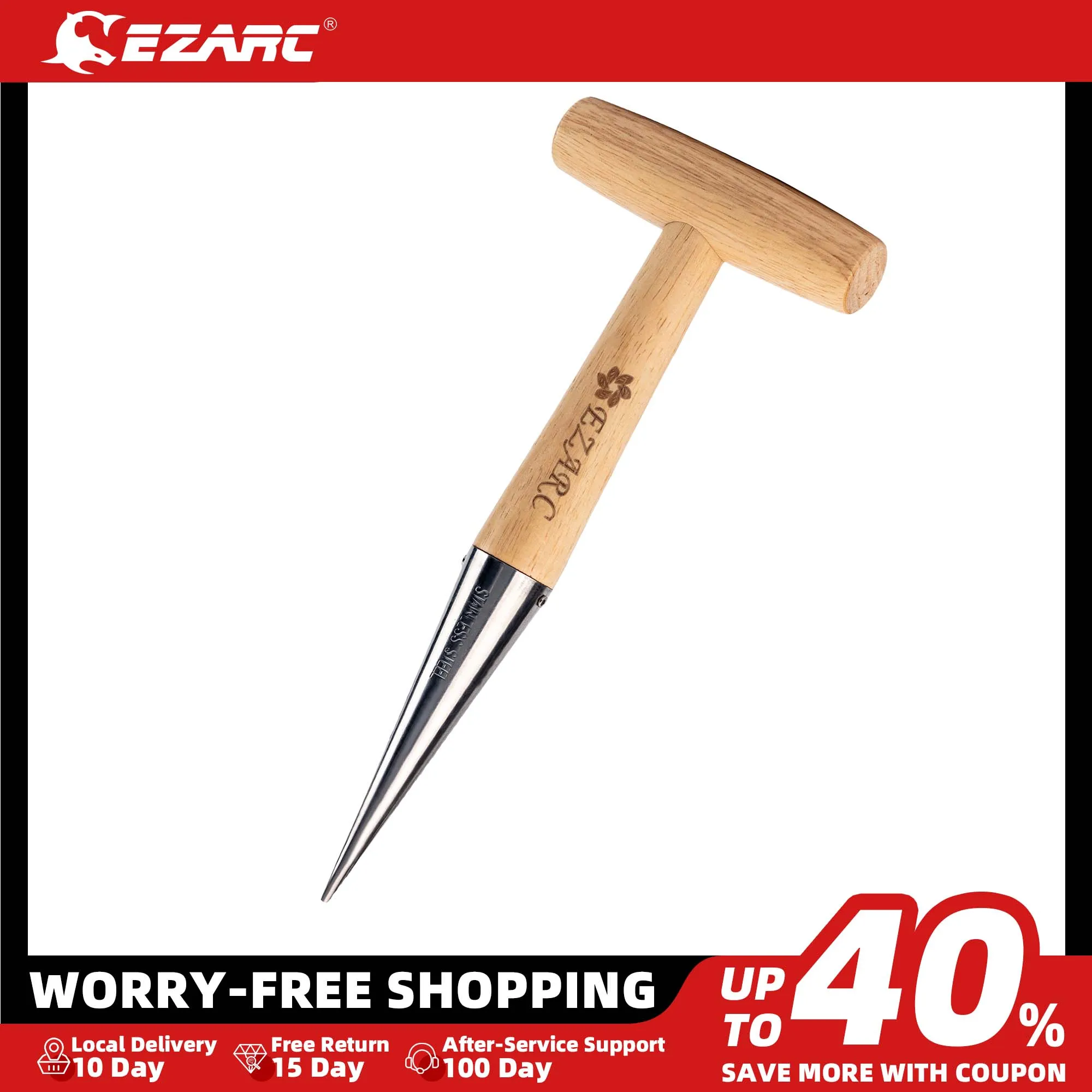 EZARC Hand Dibber with Wooden Handle, Stainless Steel Head - Lightweight Sturdy Hand Held Bulb Planter for Tulip Garden Tool