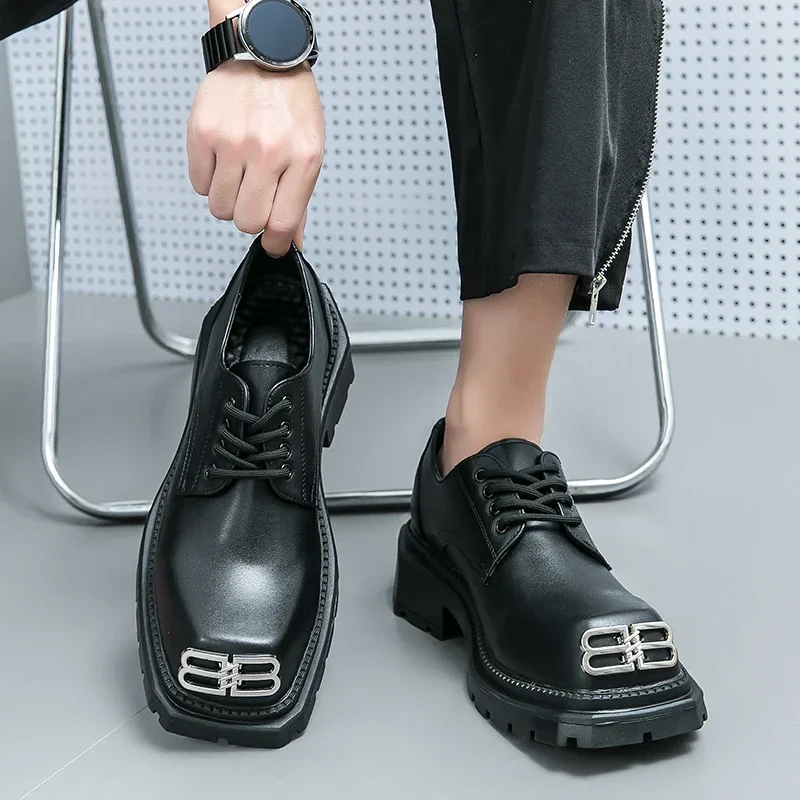 

New Black Derby Shoes for Men Platform Lace-up Square Toe Fashion Men Shoes Free Shipping Size 38-44
