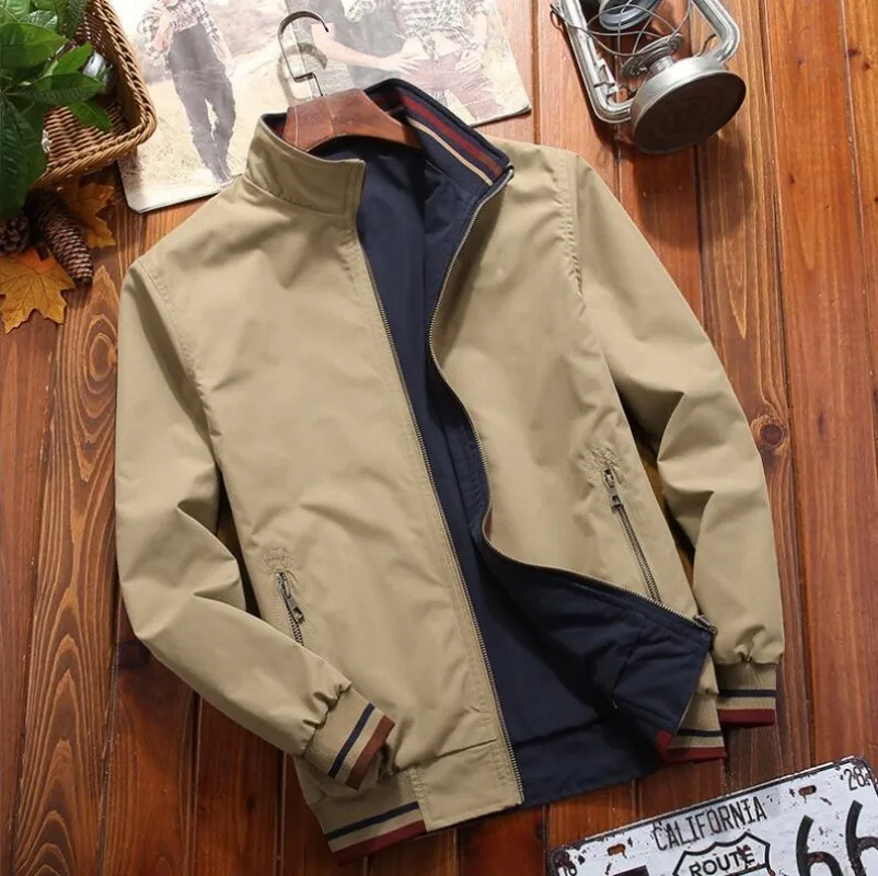 

Men's Windbreaker Double-sided Wear Jackets Men Baseball Pilot Bomber Stand Collar Jacket Hip Hop Streetwear Coat Solid Color