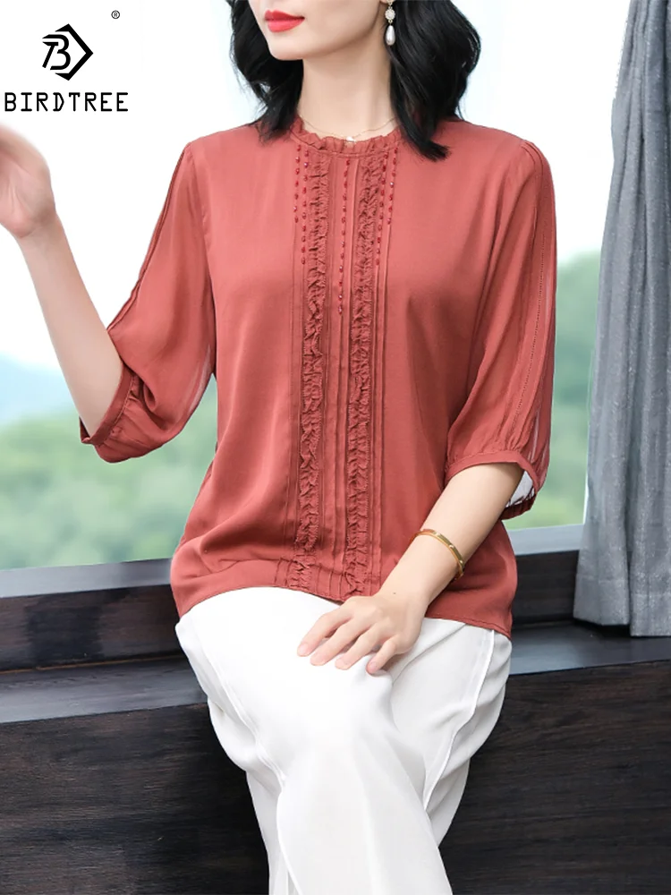 

BirdTree, 92% Real Silk Fashion Ruched Shirt, Women Half Sleeve Solid Print, Oversize Mom Elegant Tee, 2024 Summer Top T444144QM