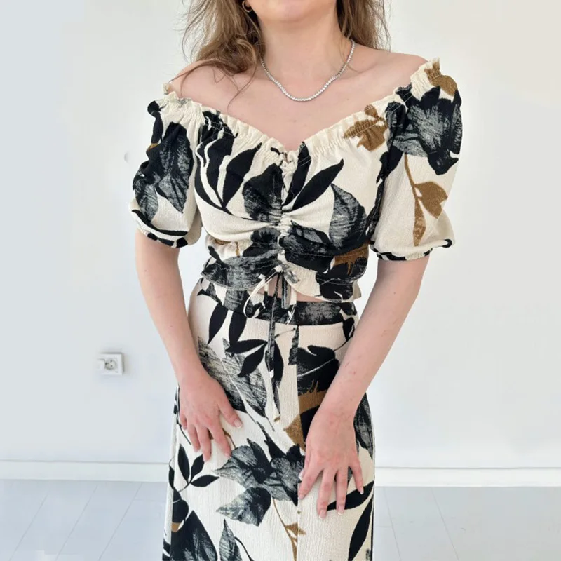 

Wepbel Dress Sets Women's Suit Clothing V-neck Drawstring Summer Printed Blouses Top Long Skirts Two-Piece Short Top and Skirt