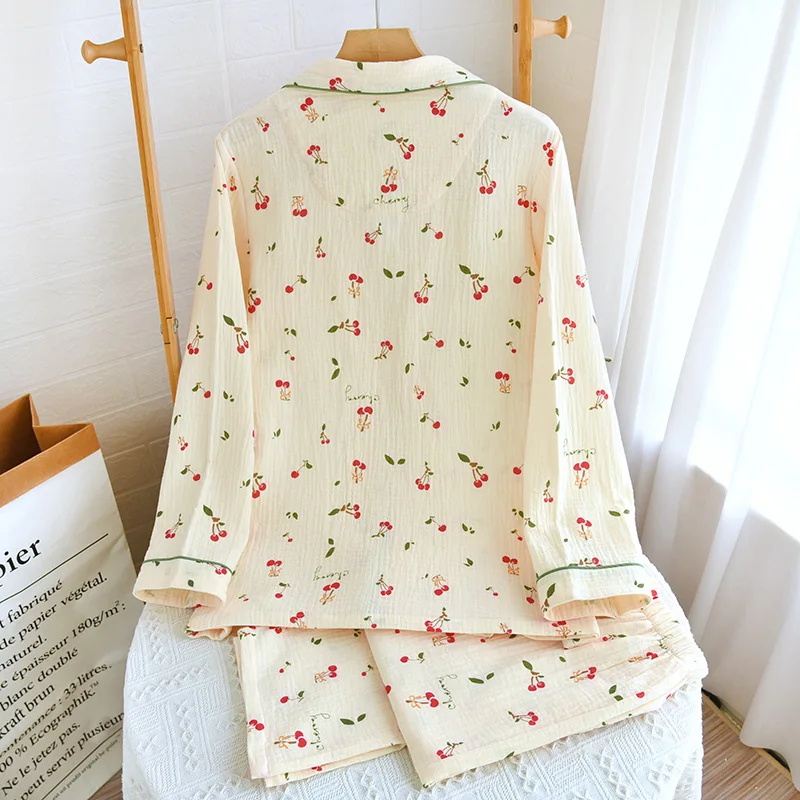 2024 Japanese New Spring and Autumn Women's Pajamas Long Sleeve Long Pants Two Piece Set of 100% Cotton Crepe Cute Home Fury