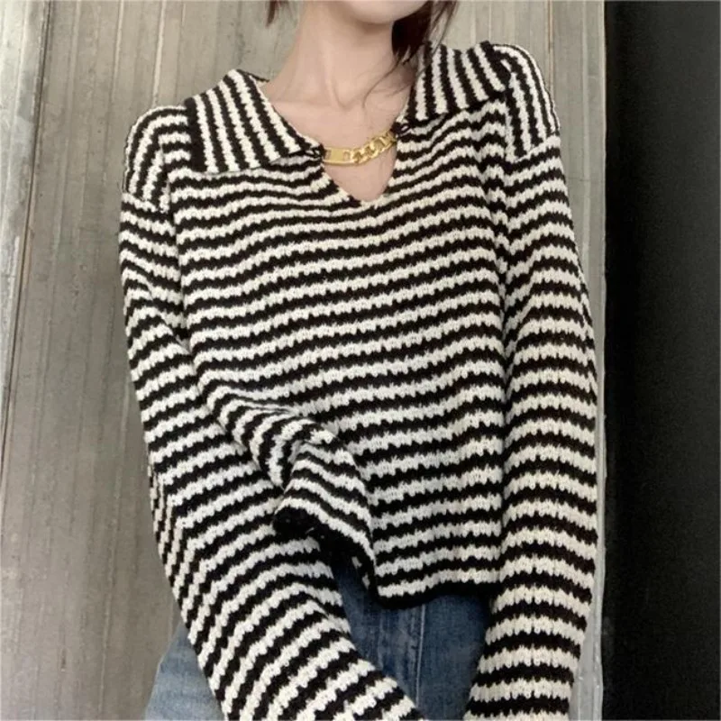 

2023 Autumn/Winter Loose Polo Neck Sweater Women's Lazy Design Feeling Small Size Knitted Shirt Top