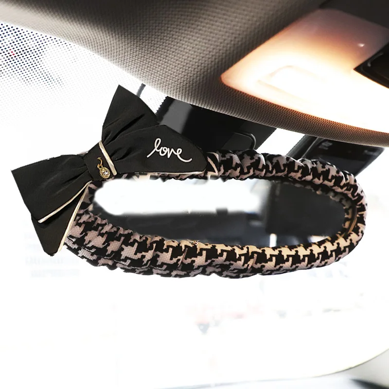 Classic Plaid Bowknot Universal Car Mirror Cover Universal Stretch Auto Interior Rearview Mirror Case Decortion Accessories
