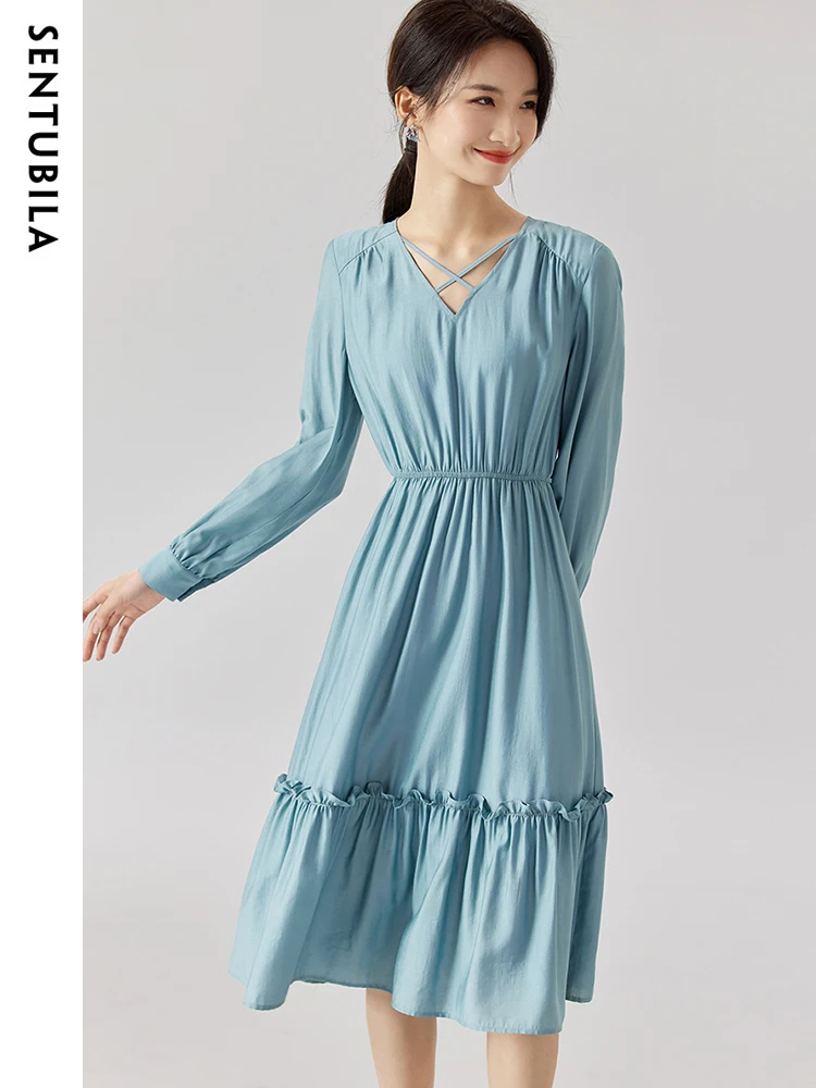 

Sentubila French V-Neck Smocked Dresses for Women 2023 Spring Elegant New A-Line Midi Long Sleeve Lace-Up Dress Female 131L45837