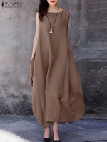 ZANZEA 2024 Fashion Summer Dress Women Holiday Oversized Maxi Dresses Casual Loose Solid Cotton Vestidos Sleeveless O Neck Robe - Image 3