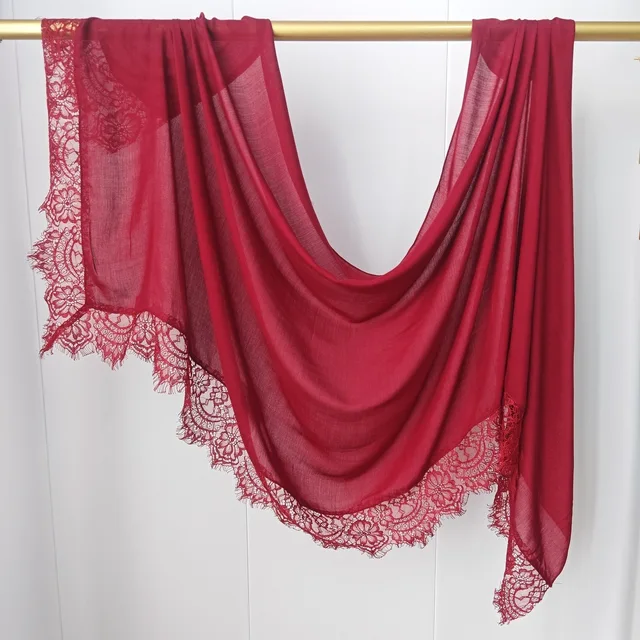 106212-84081a.jpg Hijab Ramadan en Rayonne, Coton et Modal, avec bordure en dentelle, Turban respirant, Châle uni en coton, Foulard pour femmes