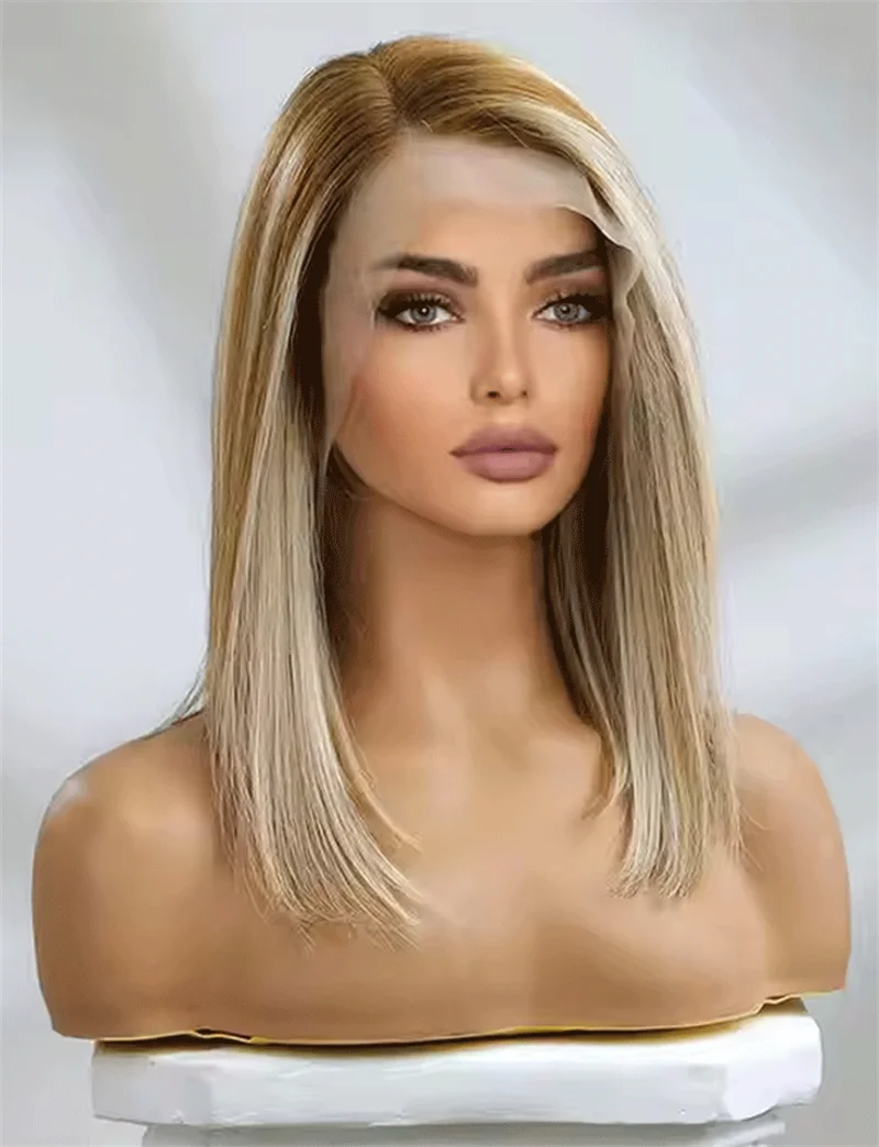 Bob Wig Ombre Platinum Blonde With Brown Streaks Synthetic Lace Front Wig Long Wavy 16 Inches Synthetic Wigs For Women Daily Use