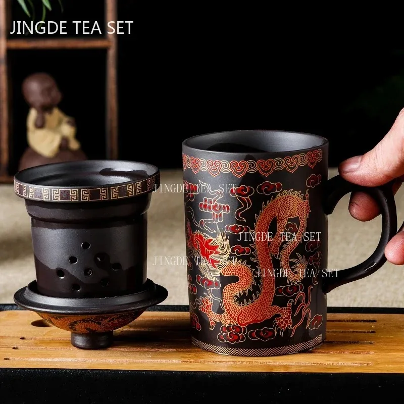 Authentic Purple Clay Teapot Dragon Pattern Tea Cup Large Filter Tea Maker Pu'er Teacup with Handle Master Cup Home Tea Set