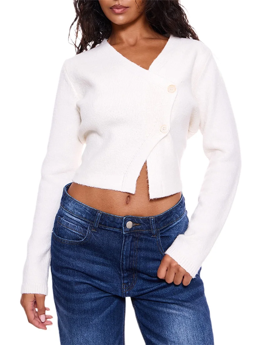 Ladies Fall Cropped Cardigan Sweater with Long Sleeves and V-Neckline Stylish Button-Up Knitwear in Solid Color