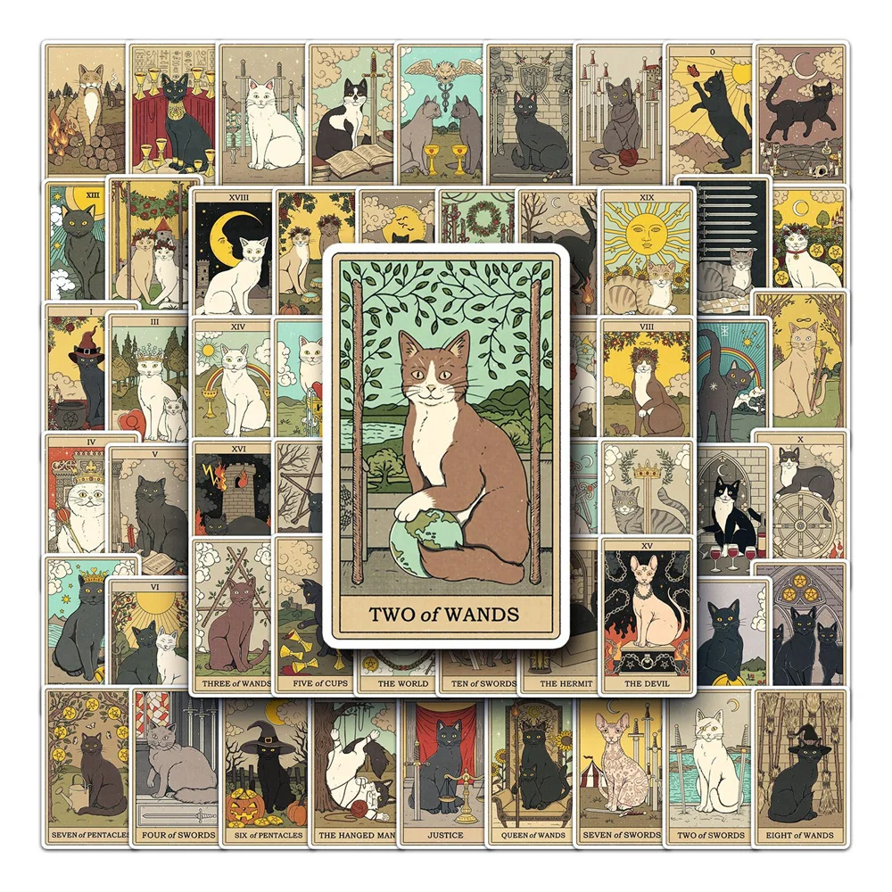 50/62pcs Retro Cat Tarot Stickers Scrapbook Stationery Ipad Vintage Sticker Aesthetic Scrapbooking Material Craft Supplies decorative stickers,paper stickers,animal stickers