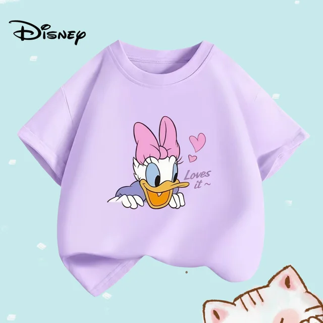 Summer Children Girl Cotton Clothes Disney Happy Daisy Cartoon Prints T-shirts Fashion Kid Baby Girls Short Sleeve Crew Neck Top