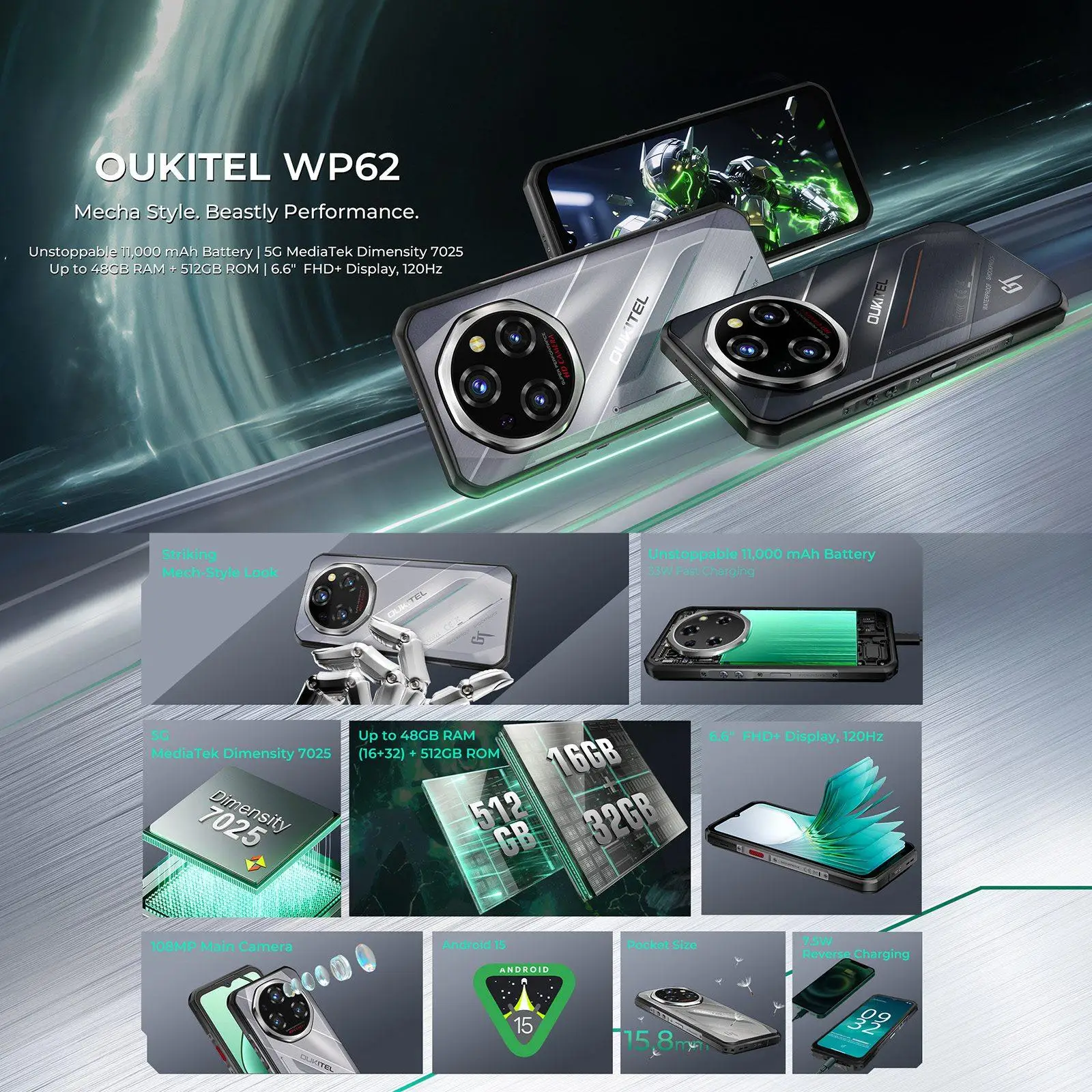 Oukitel Rugged Phone WP62 33W 108MP Camera 6.6" Android 15 MediaTek Dimensity 7025 5G Smartphone 8GB+256GB/12GB+512GB/16GB+512GB