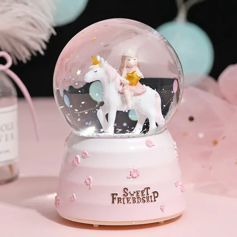 Dream Girl Unicorn Crystal Ball Music Box Crystal Snow Globe Music Box Light Wedding Lover Valentine's Day Girlfriend Gifts music box