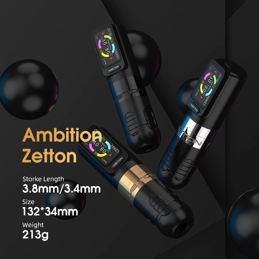 Ambition Zetton Kit Straight Rod Wireless Tattoo Machine Pen 3.8mm 3.4mm Stroke Brushless Motor 2400mAh Touch Screen Battery