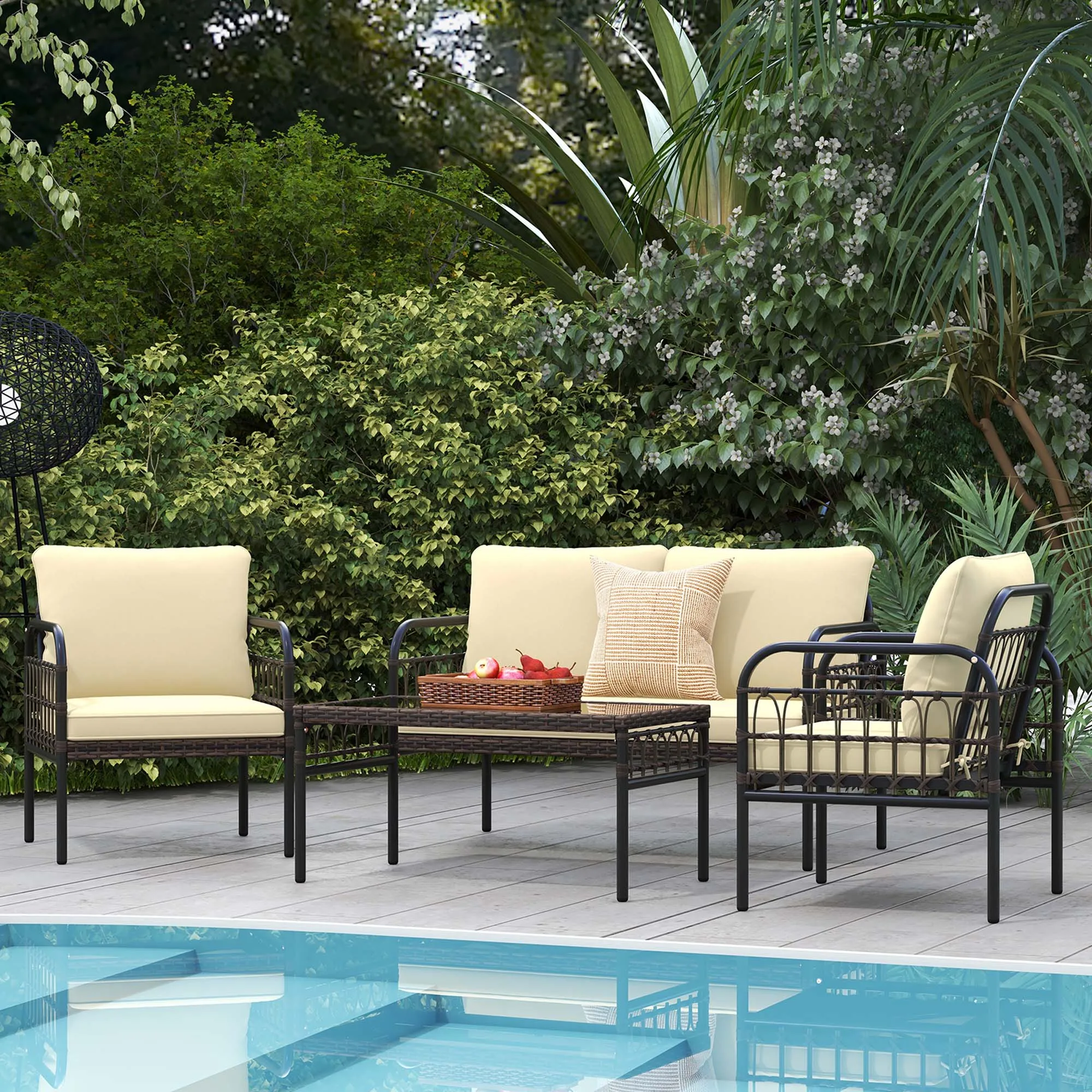 4 PCS Patio Furniture Set Outdoor Wicker Conversation Bistro Set with Soft Cushions 1