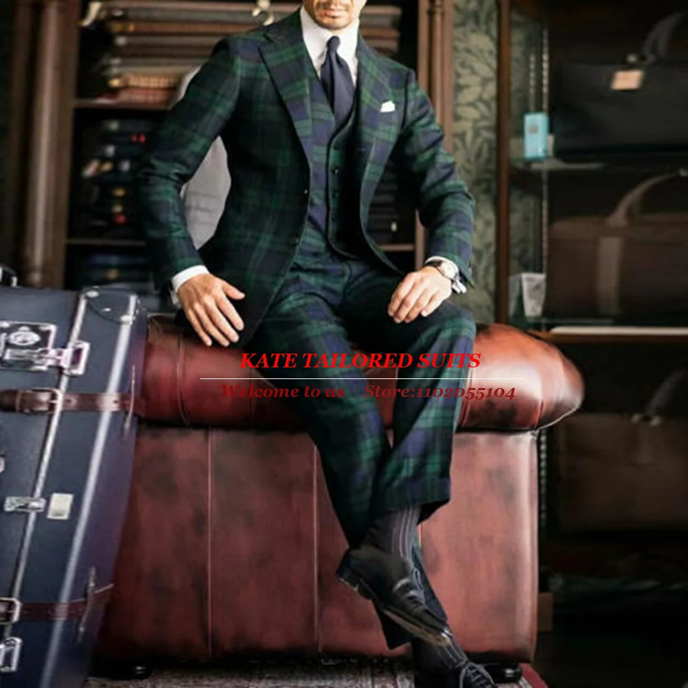 England Business Suits For Men Slim Fit Green Plaid Check 3 Pieces Set Jacket Vest Pants Groom Wear Banquet Party Tuxedo Tailore