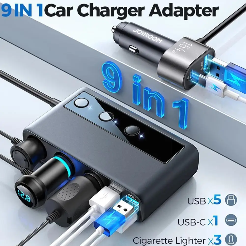 

9 In 1 Car Charger Adapter PD 3 Socket Cigarette Lighter 154W Cigarette DC Switches Splitter Charge Outlet Independent Z9C6