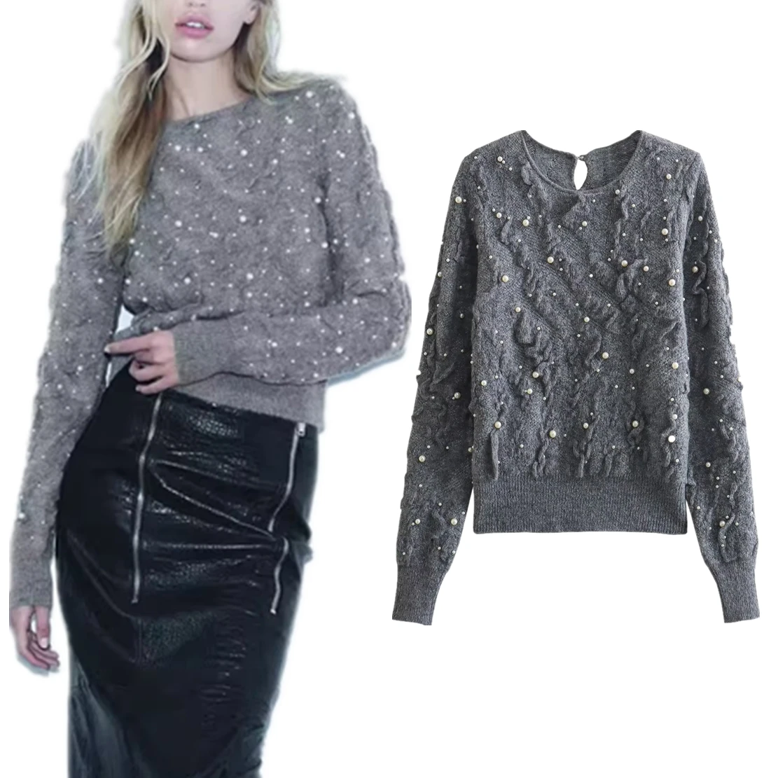 

Dave&Di Autumn And Winter Pearls Beaded Pearl Women Tops Sweaters Texture Grey Color Casual Pullovers Knitwear