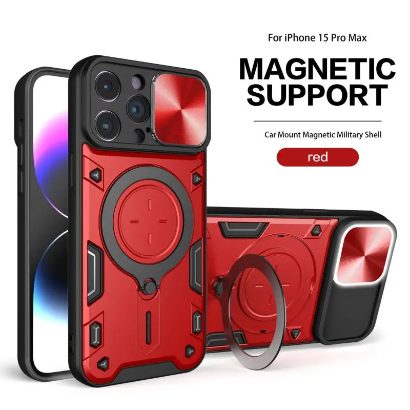 Slide Camera Shockproof Armor Case with Ring Holder and Magnetic Back Cover