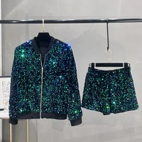 Premium Sequined Coat Women's Suit Jacket Zipper Top Baseball Uniform Casual Versatile and Thin Two-piece Women's Fashion 1