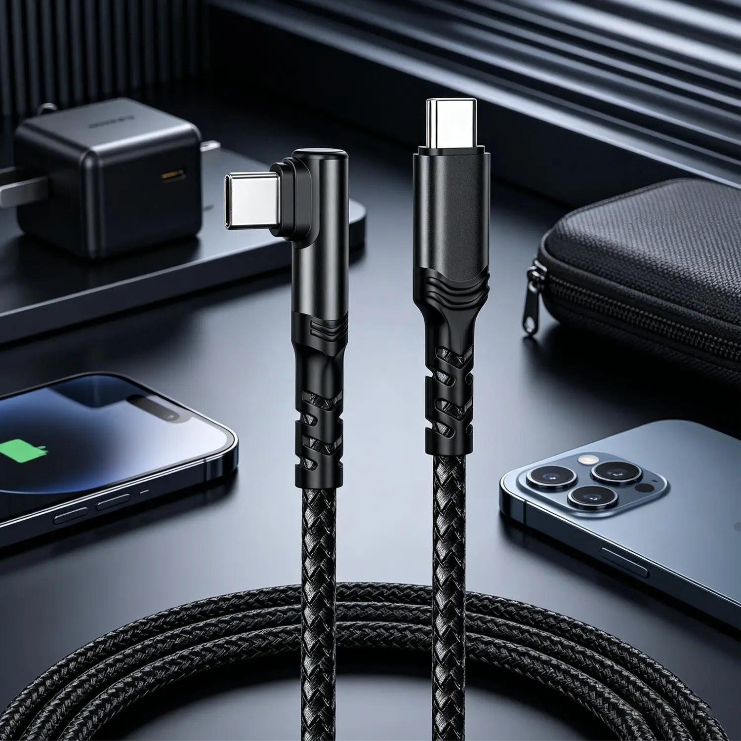 USB-C to Type-C 100W High-Speed Charging Cable, 90-Degree Right Angle, Nylon Braided Data Cord