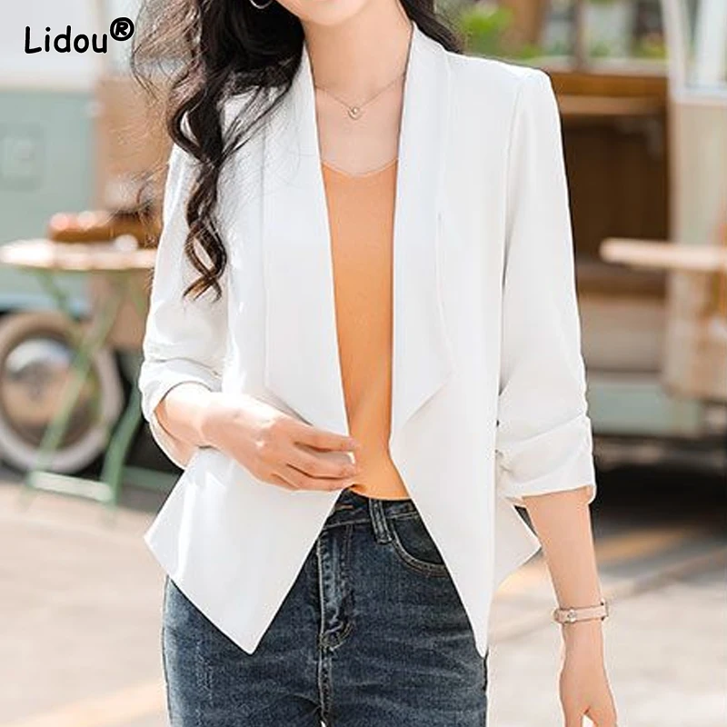 Intellectual Notched Loose Blazers Solid Color Cardigan Creative Temperament Office Lady Elegant Casual Women's Clothing Thin